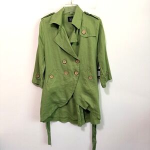 Luii Trench Coat L Green Linen Boho Anthropologie‎ Summer 3/4 Sleeve NEW FLAW